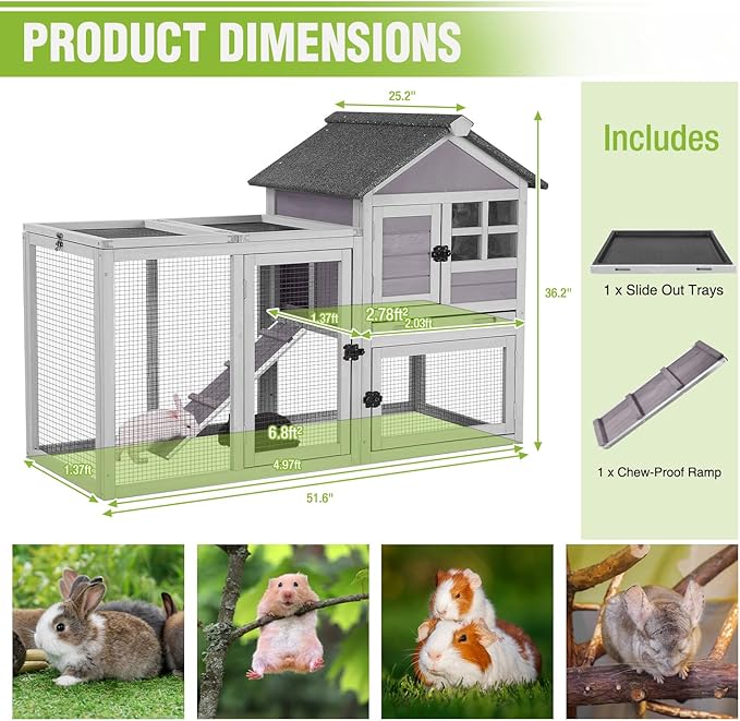 GUTINNEEN 51.6" Large Rabbit Hutch with Chew-Proof Ramp, Small Chicken Coop with Run for Outdoor, Indoor Bunny Cage Guinea Pig House with Leak-Proof Tray (Grey)