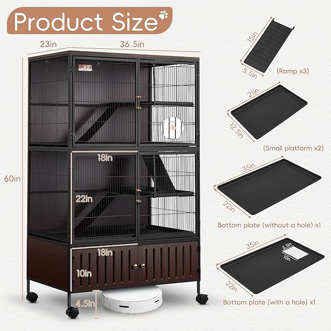 HABUTWAY 60''H Metal Large Ferret Cage, Rolling Chinchilla Cage with Removable Ramps& Double Door, with Locker, Small Animal Cage, Rat Indoor Wooden Pet Crate Furniture
