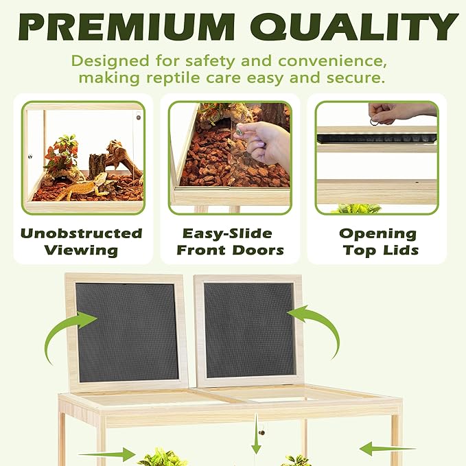 PROLEE Bearded Dragon Tank with Leg Stand 62 Gallons, Wooden Lizard Tank,Reptile Tank with Metal Mesh Roof Door, Acrylic Panel Snake Tank with Lock Design (Oak, 40"x20"x20")