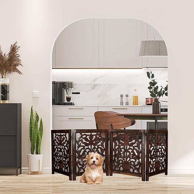 Lightnpro Wooden Dog Gate -Foldable Freestanding Pet Gate for Indoor Use, Adjustable Safety Barrier for Dog, Puppies & Small Pets, for Stairs & Doorways- 24" Height 18" Wide (4 Panel) Natural Burnt