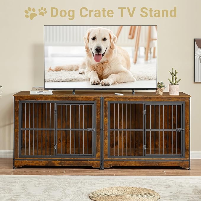 Rovibek 86" Stackable Dog Kennel Furniture with Removable Divider & 3 Doors, Double Dog Crates Furniture for 2 Dogs, Corner Dog Crate Furniture, Rustic Brown