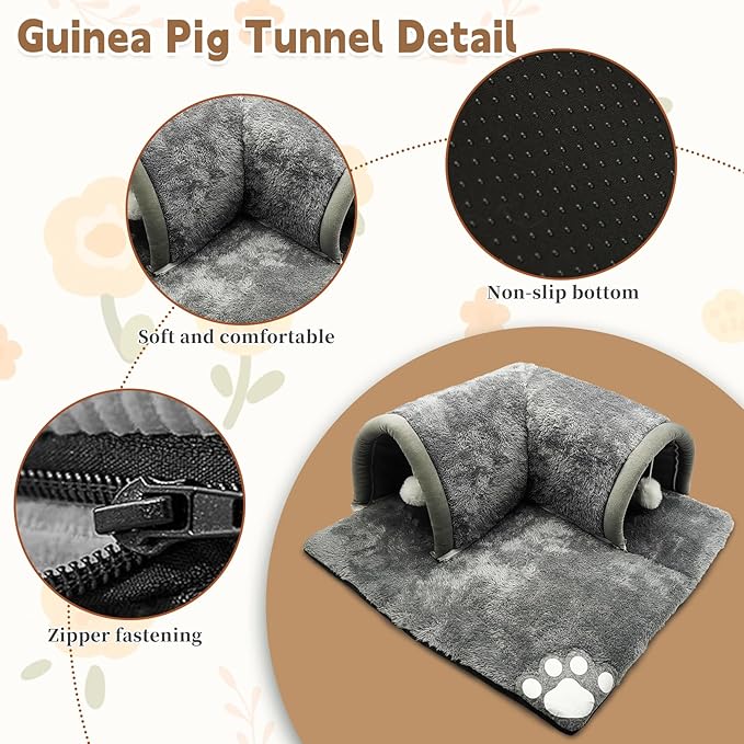 PINVNBY Guinea Pig Hideout Tunnel with Removable Base & 2 Liners and Washable Soft Rabbit Bed & Small Animal Tunnel Tube Cage Accessories for Chinchillas, Hamsters, Ferrets, Bunny（Gray）