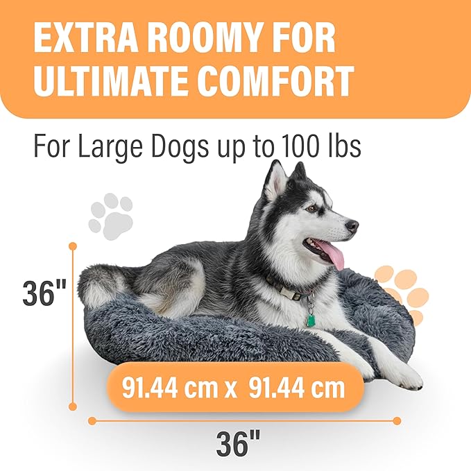 Active Pets Premium Large Donut Dog Bed, Fits Up to 100 lbs, Removable Cover & Washable Cushion, Plush Long Pile Faux Fur Fabric, Portable Dark Grey Pet Bed Furniture for Big Adult Canines & Cats