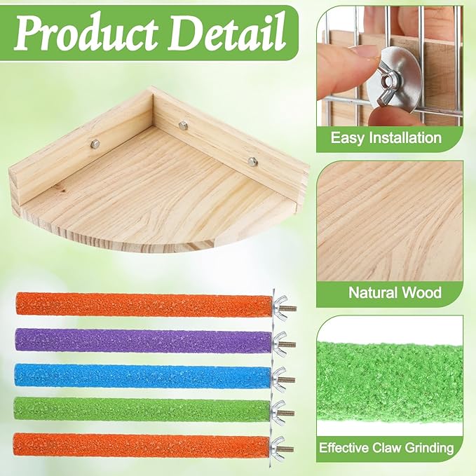Novabright 10 Pack Bird Perch Stand Toys, 5 Pcs 7 Inch Wooden Corner Platforms & 5 Pcs 8 Inch Parrot Paw Grinding Sticks, Cage Accessories for Cockatiels, Budgies, Parakeets