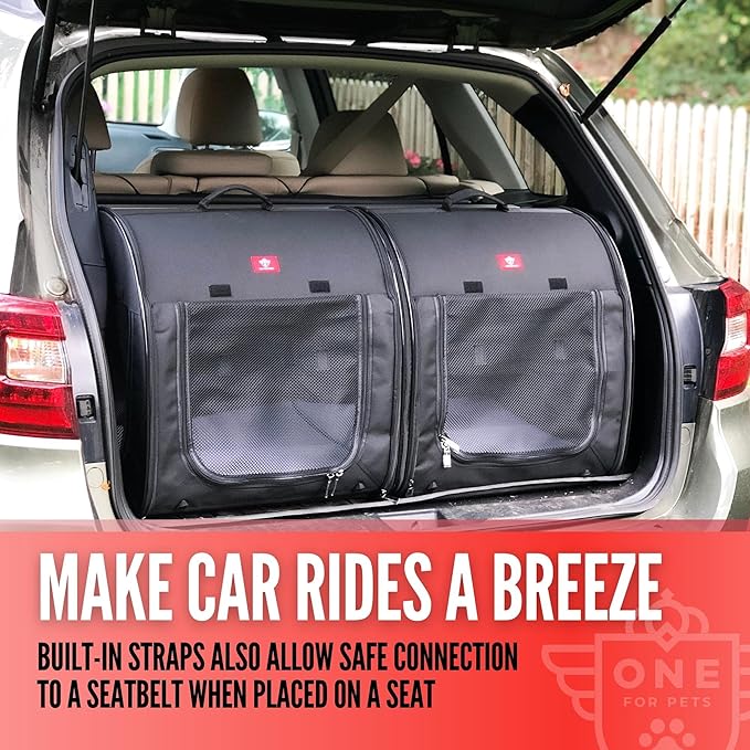 One for Pets Portable 2-in-1 Double Pet Kennel/Shelter, Fabric, Black/Royal Blue 20"x20"x39" - Car Seat-Belt Fixture Included (Gray)