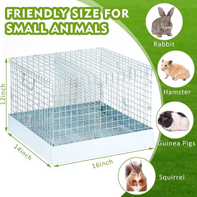 DoubleFill 2 Hole Folding Rabbit Transport Cage, Portable Bunny Carrier with Tray and Handles for Travel or Temporary Housing, Indoor Outdoor Pet Habitat Animal Enclosure(16 x 14 x 12 in)