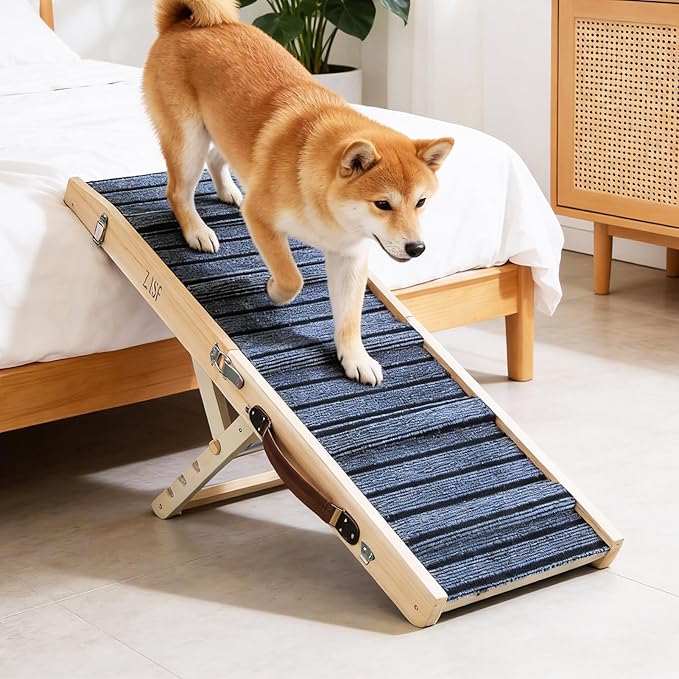 ZJSF Foldable Wooden Dog Ramp for High Bed, Dog Stairs for Small Dogs, High Traction Platform with 4 Adjustable Heights (14"-19.7"), 33", Supports up to 70 lbs