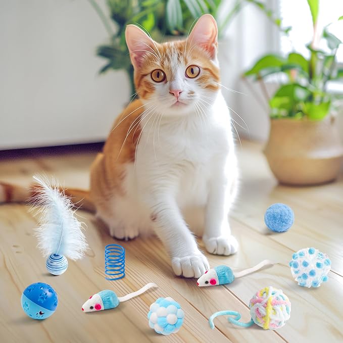 MALLMALL6 Cat Toy Set Interactive Cat Toys 10Pcs Pack Including Cat Springs Feather Teaser Wand Mice Crinkle Balls and Pet Bell Balls, Puzzle Interactive Pet Gift Pack Toys for Indoor Kitten (Blue) - Image 7