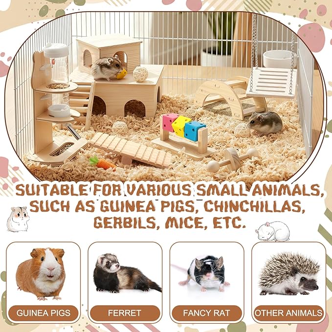 Leinuosen 19 Pcs Hamster Cage Accessories Toy Set Large 12*9*7 Inch Wood House with Window and Water Bottle with Stand Foraging Toy Hideout Hamster Climbing for Starter Guinea Pig Small Animal Habitat