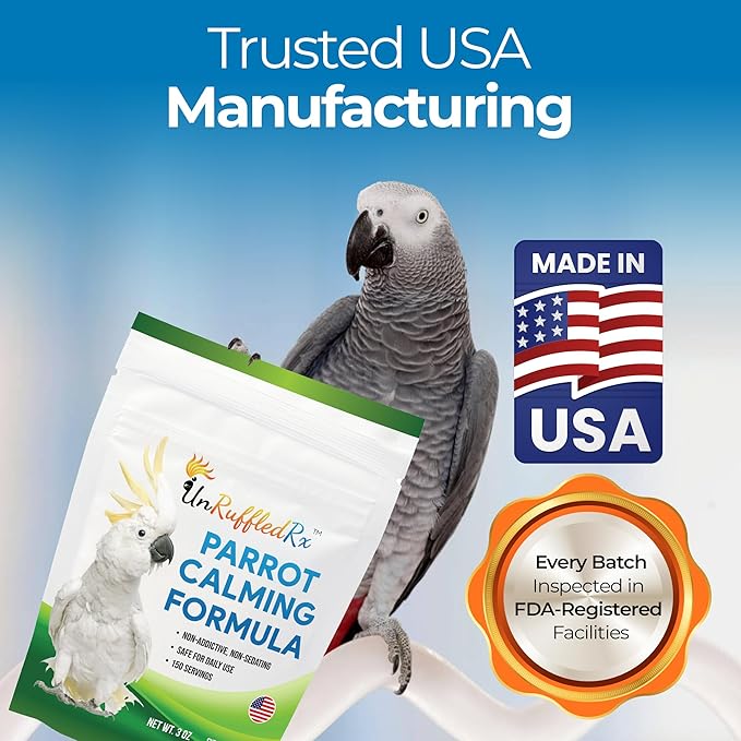 UnRuffledRx™ Calming Formula for Parrots – Bird Supplement that Supports Relaxation During Stressful Events Like Fireworks, Travel, and Visitors – 150 Servings – Made in USA