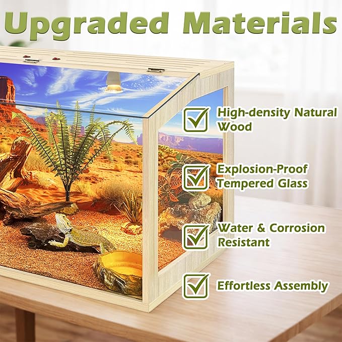 PROLEE Bearded Dragon Tank, Up to 81Gallon Reptile Enclosure, Tempered Glass Lizard Tank, Bearded Dragon Enclosure with Built-in Lamp Fixture for Chameleon (Skylight Roof, 30Gallons,24x15.5x15.5 Inch)