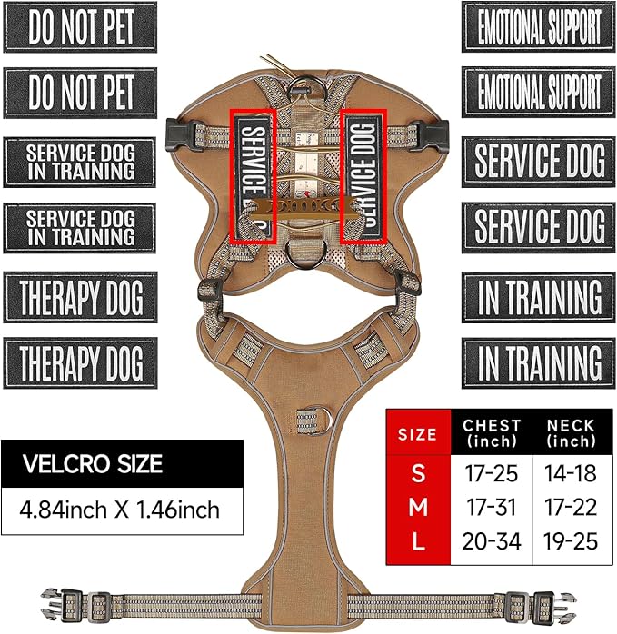 Service Dog Tactical Vest Harness and Leash Set Medium Sized Dog Emotional Support- Tactical Dog Harness Training Collar with Name (Khaki, L)