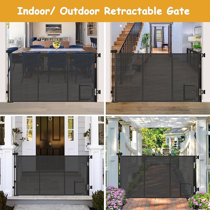 Reinforced 60” Wide Retractable Baby Gate with Cat Door 33” Tall Retractable Pet Gates with Reinforced Strips Mesh Dog Gate with Cat Door Mesh Gates for Kids or Pets Cats Can in and Out Freely,Black