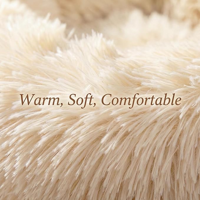 Extra Small Dog Bed 19 Inch,Calming Donut Puppy Bed,Ultra Soft Faux Fur Round Dog Bed for Chihuahua Yorkie Maltese Pomeranian,Beige