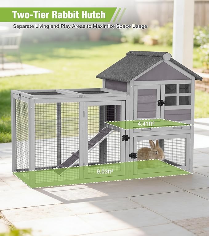 GUTINNEEN Rabbit Hutch Outdoor Rabbit Cage Indoor 51.6" L Waterproof Bunny Cage with Chew-Proof Ramp and Lockable Doors for Indoor Outdoor Use Grey