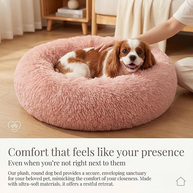Calming Dog Bed for Medium Dogs Washable Donut 30 inches Anti-Slip Pet Bed,Round Fluffy Plush Faux Fur Cat Bed,Fits up to 45 lbs Pets,Pink