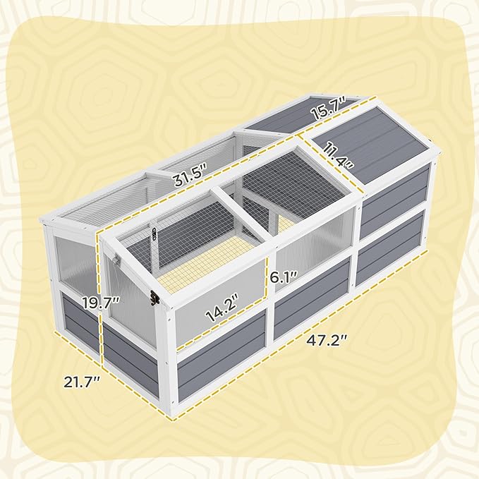 PawHut Tortoise Habitat, Wooden Outdoor Tortoise Enclosure with Doors, PC Sun Panel Windows, Bottomless Design Tortoise House for Small Animals, Rabbits, Light Gray