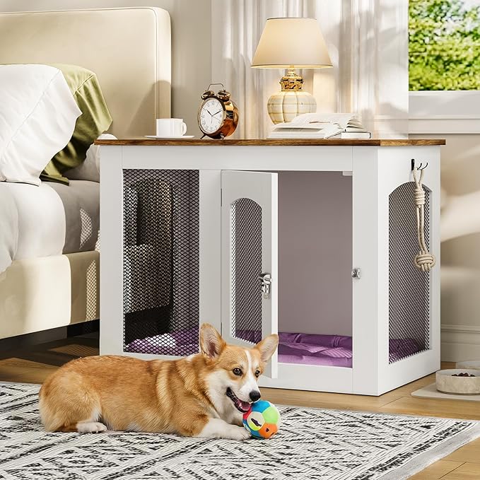 CHOEZON Wooden 30.1" Dog Crate Furniture, Farmhouse Pet Cage End Table with Secure Lock, Ventilated Mesh for Medium Dogs, Dog Kennel Furniture for Living Room, Bedroom, White and Walnut MGW02WL