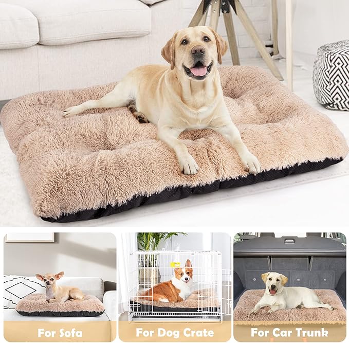 JOEJOY Large Dog Bed Crate Pad, Deluxe Plush Washable Dog Beds Fulffy Soft Kennel Pad Anti-Slip Pet Sleeping Mat for Extra Large Medium Small Dogs, 40" x 27", Beige