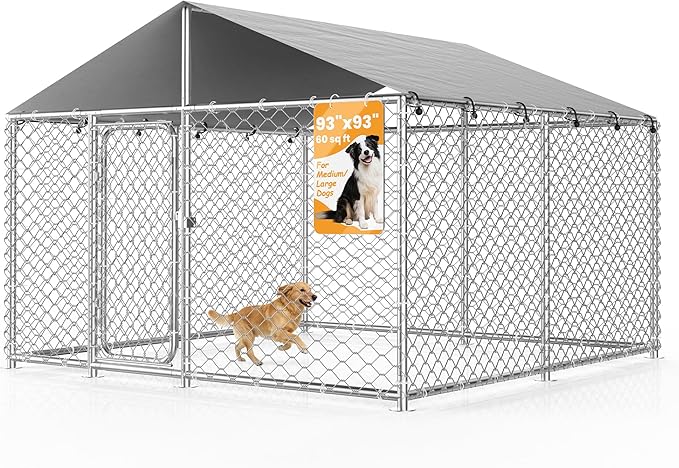 7.8' x 7.8' Heavy-Duty Outdoor Dog Kennel with Waterproof Cover, UV-Resistant Roof, Secure Locking Mechanism for Large Dogs, Metal Enclosure for All Weather Conditions(90x90x63IN)
