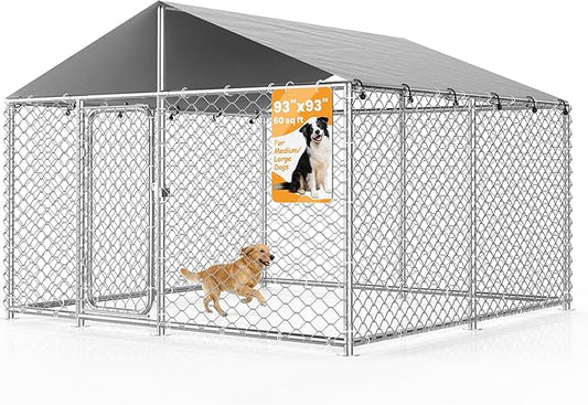 7.8' x 7.8' Heavy-Duty Outdoor Dog Kennel with Waterproof Cover, UV-Resistant Roof, Secure Locking Mechanism for Large Dogs, Metal Enclosure for All Weather Conditions(90x90x63IN)