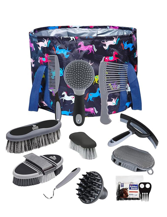 Harrison Howard Complete Horse Grooming Set, 11-Piece Advanced Daily Grooming Tools with Extra Brushes for Full Horse Care Black Brushstroke Ponies