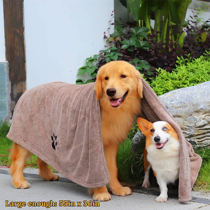 Dogvingpk Extra Large Dog Towel - Pack of 2 - Super Absorbent Soft Microfiber Pet Bath Grooming Towels for Drying Dogs and Other Pets (XL-55" * 36", Green and Brown)
