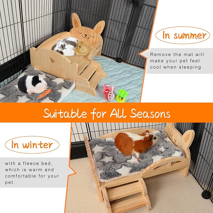BWOGUE Wooden Guinea Pig Bed with Stairs and Mat, Washable Soft Fleece Small Animal Bed Guinea Pig Platform Bed for Hamsters Dwarf Rabbits Chinchilla Squirrel Hedgehog Habitat