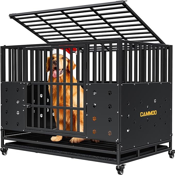 Cammoo 48'' Heavy Duty Dog Crate for Large Dogs, – Upgraded Chew-Proof Panels, Comfort-Widened Floor Panel, Dog Kennel Indoor, Adjustable Internal Height, Easy-Access Wide Door, 4 Lockable Wheels