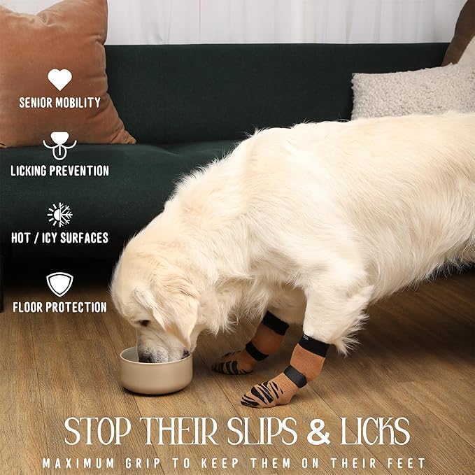 DOK TigerToes Premium Non-Slip Dog Socks for Hardwood Floors - Extra-Thick Grip that Works Even When Twisted - Prevents Licking, Slipping, and Great for Dog Paw Protection (XXL, Cool Caramel)
