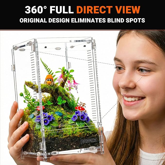 Jumping Spider Enclosure, Acrylic Terrarium with with Magnetic Doors, 0.8mm Micro-Ventilation, Stackable Escape-Proof Habitat for Jumping Spiders, Tarantulas & Small Reptiles, 4.7"x4.7"x9"