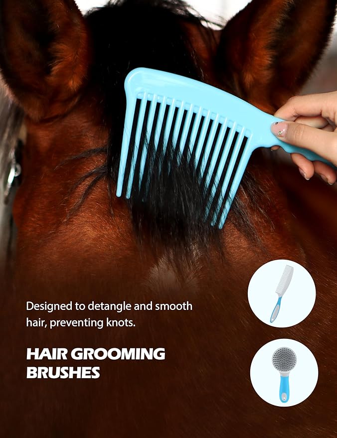 Harrison Howard Complete Horse Grooming Set, 11-Piece Advanced Daily Grooming Tools with Extra Brushes for Full Horse Care Blue Brushstroke Ponies