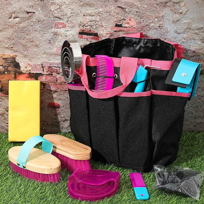 Abbylike 12 Pieces Horse Grooming Kit with Organizer Tote Bag Tack Room Supplies Horse Brush Sets Equine Care Cleaning Kit Shedding Grooming Massaging Tools(Rose Red)