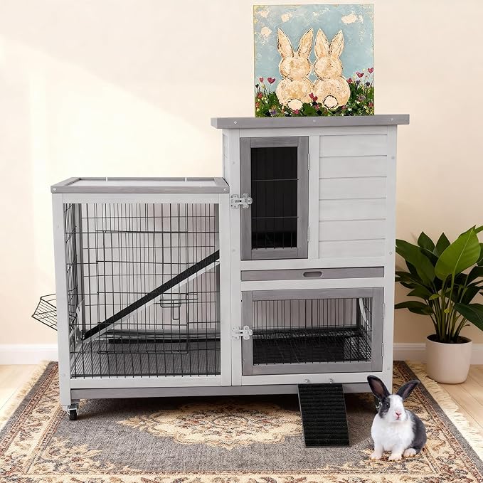 FunXplore Rabbit Hutch Indoor Outdoor Bunny Cage with Urine Guards 2 Storey Mobile Guinea Pig Cage Weatherproof Asphalt Roof Wire Bottom 2 Trays