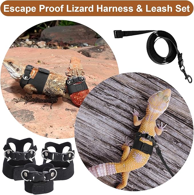 3 Pack Bearded Dragon Harness and Leash Set, Adjustable Nylon Bearded Dragon Accessories with 3 Sizes Vests, 6.56ft Lead for Reptile Training & Walking Accessories(Black)