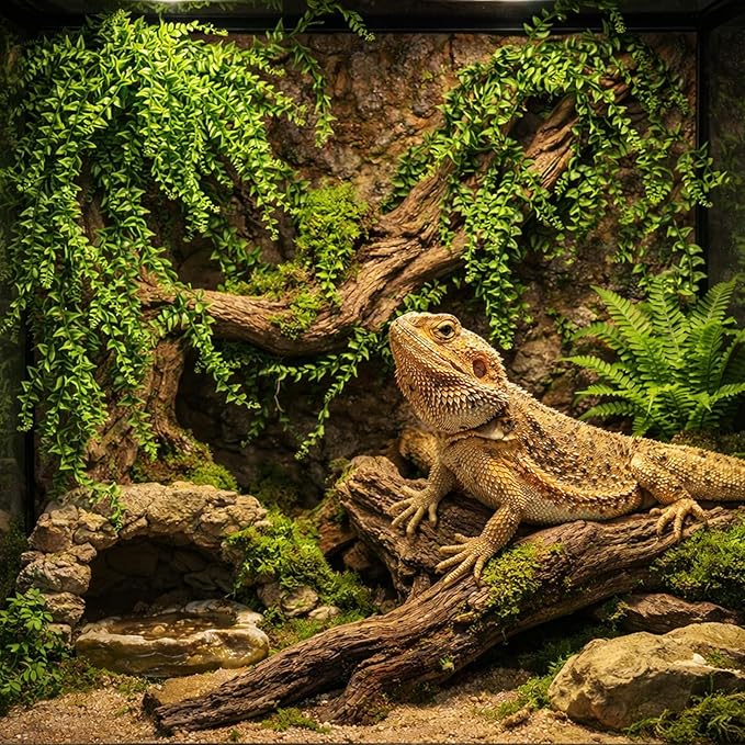 HERCOCCI 4 Pack Reptile Plants, Terrarium Hanging Plants Vines Artificial Leaves Habitat Decorations with Suction Cup for Bearded Dragon Hermit Crab Lizard Snake Geckos Chameleon
