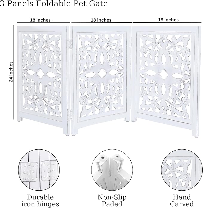 Lightnpro Foldable Carved Wooden Dog Gate - Freestanding Indoor Pet Safety Barrier, Adjustable Decorative Dog Fence for Stairs, Doorways & Hallways - 24x18 Inch Antique White