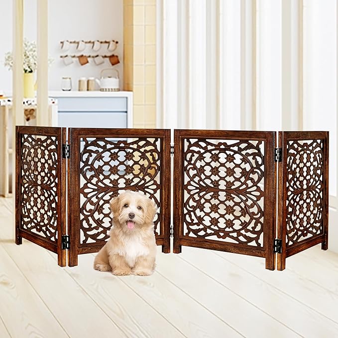 Lightnpro Foldable Carved Wooden Dog Gate with Stopper - Freestanding Indoor Pet Barrier for Home, Adjustable Dog Fence for Stairs, Doorways & Hallways - 24x18 Inch (4 Panels) Natural Burnt