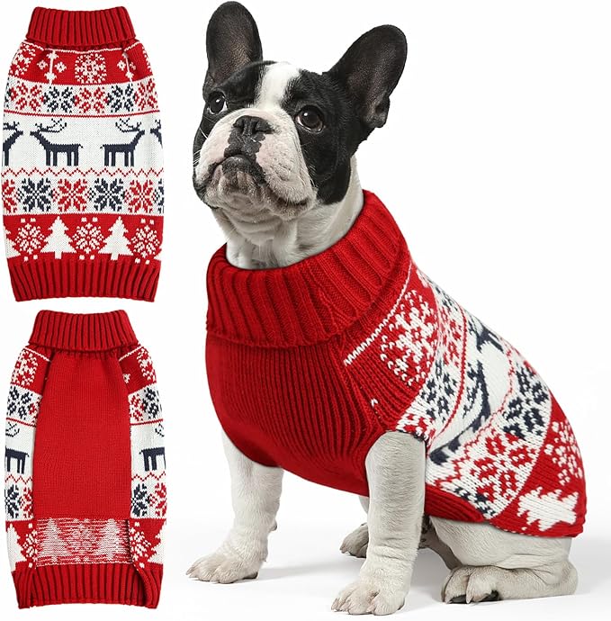 Christmas Dog Sweaters for Small Medium Large Dogs and Cats,Pet Soft Warm Holiday Outfit Girl & Boy,Pup Winter Clothes Turtleneck Double Knitting Collar for Outdoors Playing (Deer, L)