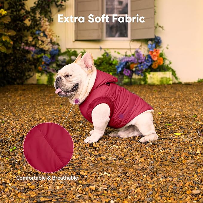Vecomfy Fleece Lining Dog Hoodie with Harness Built in,Extra Warm Medium Dog Jacket in Winter Doggie Coats with Hooded,Red L