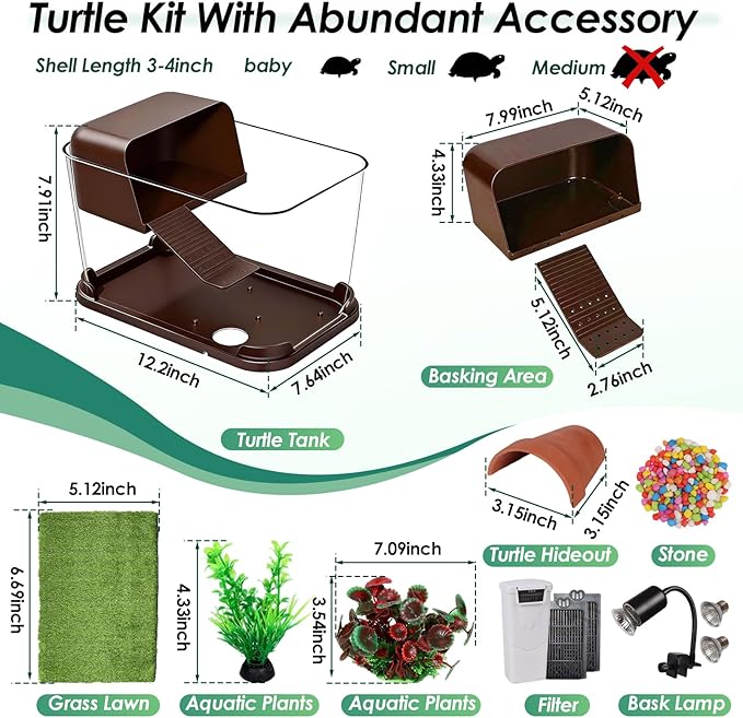 Turtle Tank Starter Kit, PC Turtle Tank Aquarium with Basking Platform, UVB Lamp, Filter, Plants, Feeding Ring - Habitat for Baby Turtles