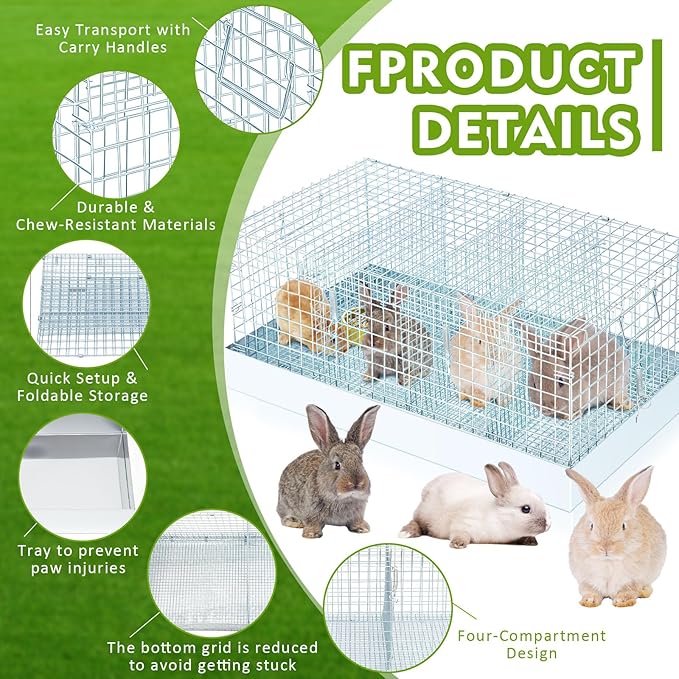 DoubleFill 4 Hole Folding Rabbit Transport Cage, 24 x 12 x 10 in Portable Rabbit Bunny Carrier with Tray and Handles for Travel Temporary Housing, Indoor Outdoor Pet Habitat Animal Enclosure