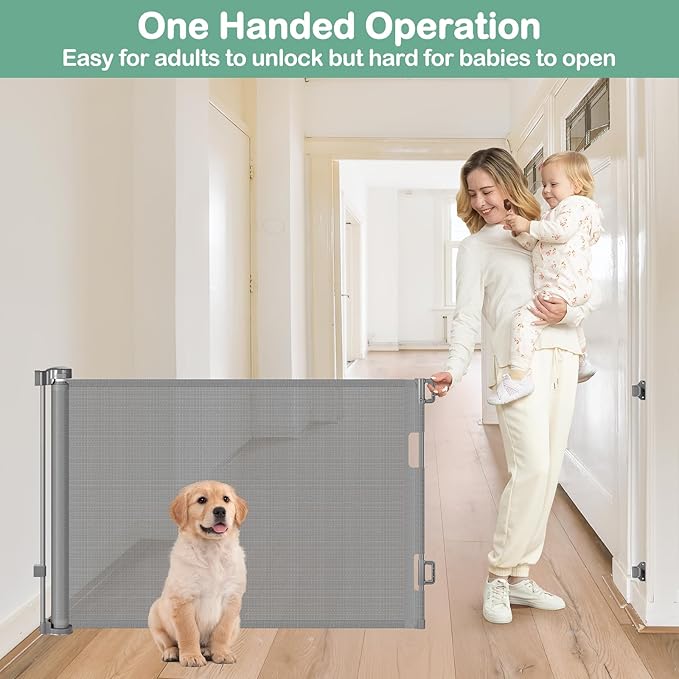 BETERTEK 80 Inch Wide Retractable Baby Gates for Dogs Indoor, Anti-Scratch Mesh Pet Gate for Doorways, 33” Tall Retractable Outdoor Gate for Decks, Anti-Climb Safety Mesh Gates for Kids or Pets, Gray