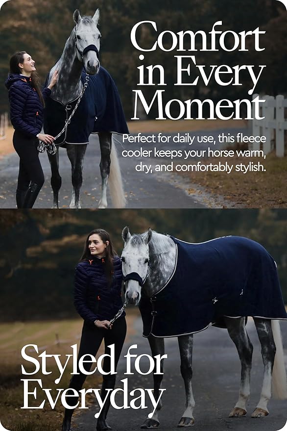 HORZE Kiel Fleece Horse Cooler Blanket | Quick-Dry Fleece Horse Cooler Sheet with X-Surcingles & Tail Cord - Dark Navy - 66 in