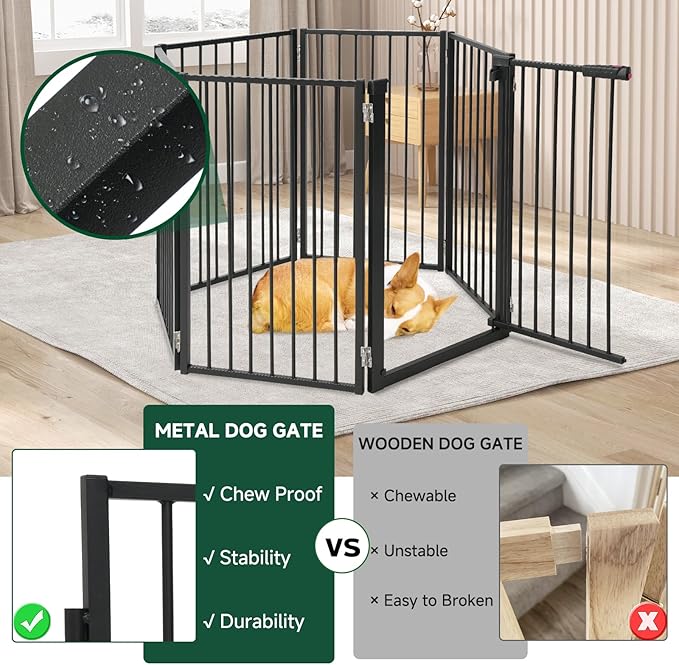 Snagle Paw Full Metal Freestanding Dog Gate with Door, 120” W x 24” H Pet Gate with Support Feet for Doorways, Stairs and Hallways, Portable Dog Fence for Indoor Use(24" 6 Panel, Black)