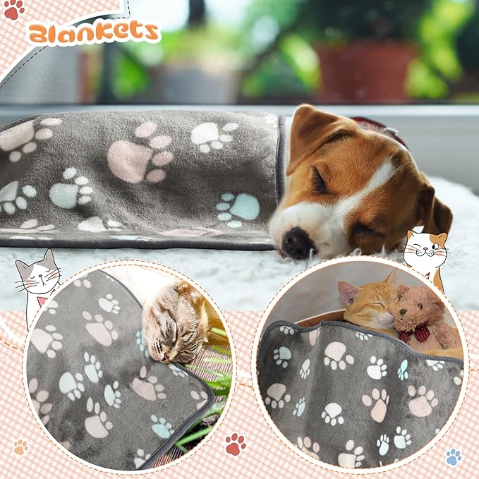 Tatuo 4 Pcs Dog Blanket for Pet Cat Blankets Indoor Puppy Teething Stuff Toys Paw Print Fleece Blanket Warm Sleep Mat for Guinea Pig Cage(Dark Gray,Small(24 x 16 Inch),Square)