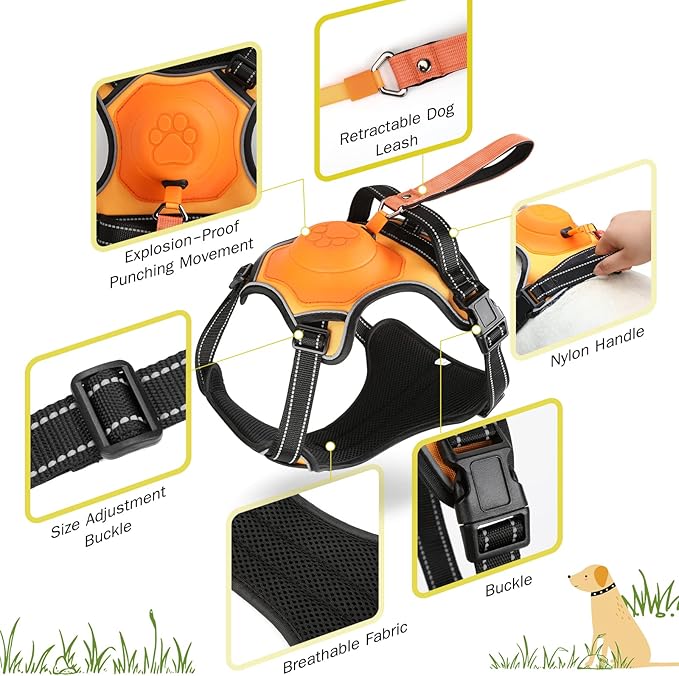2-in-1 No Pull Dog Harness & Retractable Leash - Large Dog Harness with Auto-Lock, Reflective & Adjustable-L