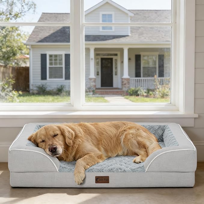 Orthopedic Dog Beds for Large Sized Dogs, Waterproof Memory Foam Large Pet Bed with Sides 35x22Inch, Non-Slip and Egg-Crate Foam Big Dog Couch Bed with Removable Washable Cover, Light Grey