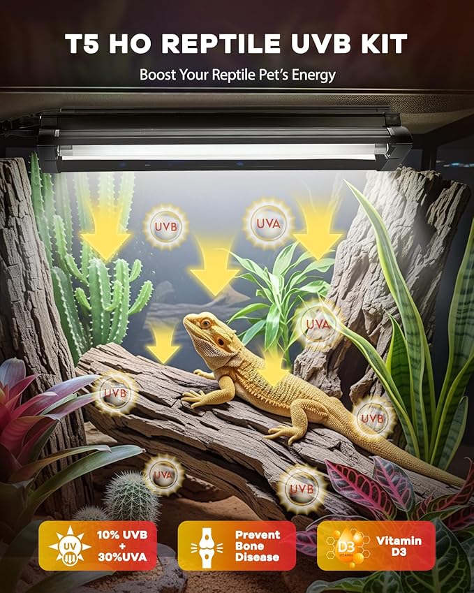 UVB Light for Reptile 24W, T5 UVB Reptile Light Fixture HO Combo Kit with Test Sensor Cards, 22" High Output Reptiles Light Bar UVA UVB Desert Lamp for Turtle Lizard Bearded Dragon Tank