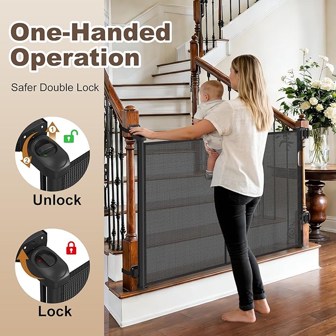 Upgraded Retractable Baby Gates for Stairs & Banister, Mesh Dog Gate Indoor, Extends to 55" Wide 33" Tall, Child Safety Gate for Stairway, Banister & Wall Mount (Black)